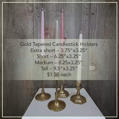 Flower Mill Gold Tapered Candlesticks Wedding Rental