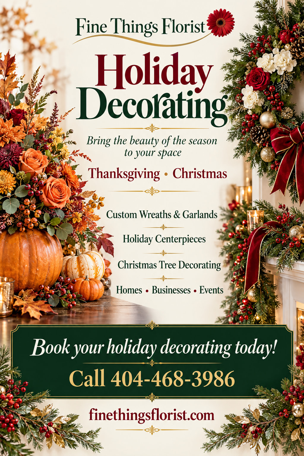 Holiday decorating flyer: Thanksgiving and Christmas services. Call 404-468-3986.