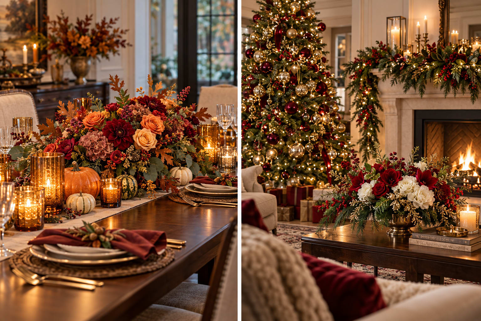 Thanksgiving floral table centerpiece and Christmas tree, mantel garland, and holiday centerpiece inspiration.