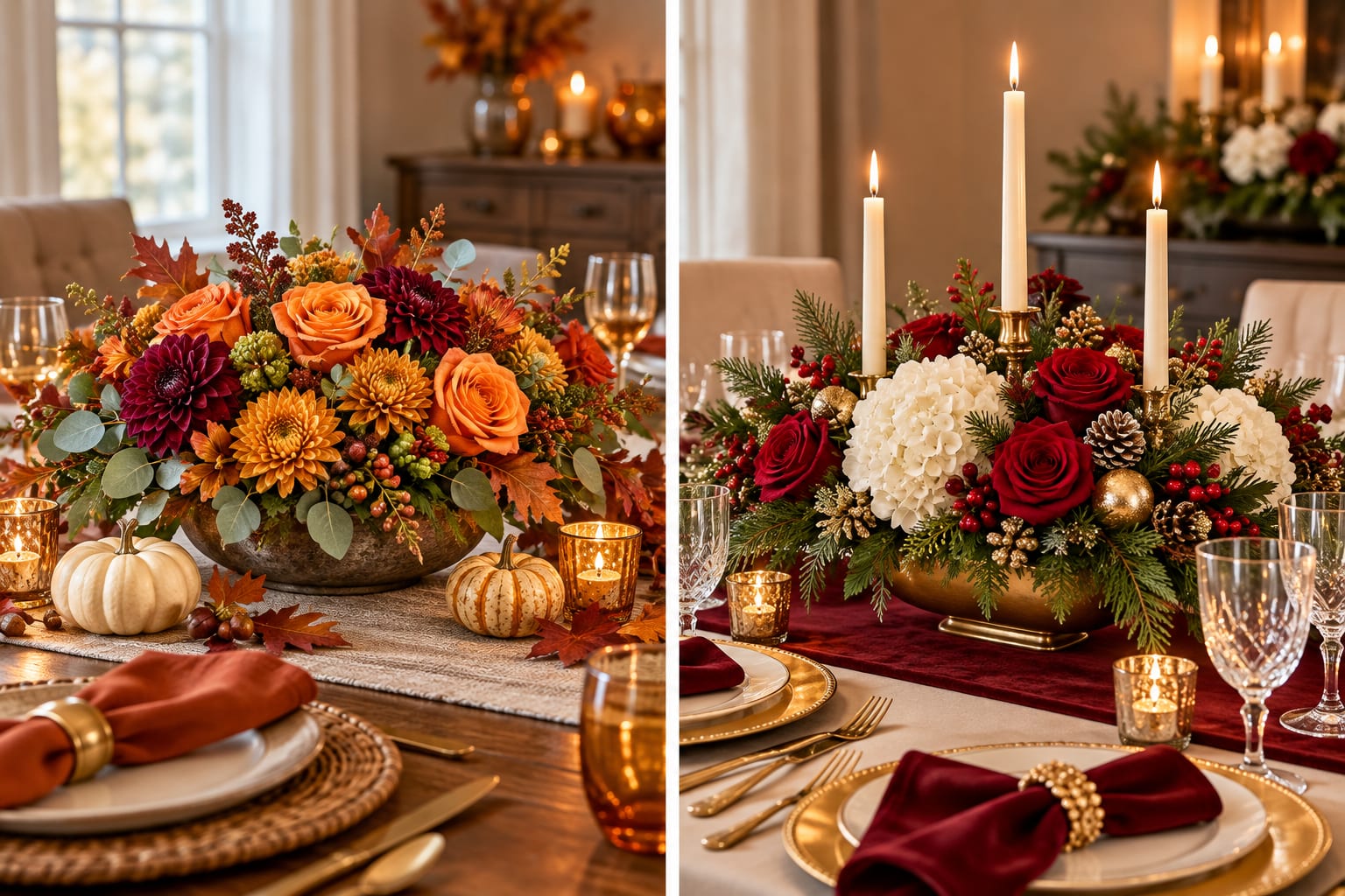 Thanksgiving table centerpiece with autumn flowers and Christmas centerpiece with red roses, white flowers, evergreens, and candles.