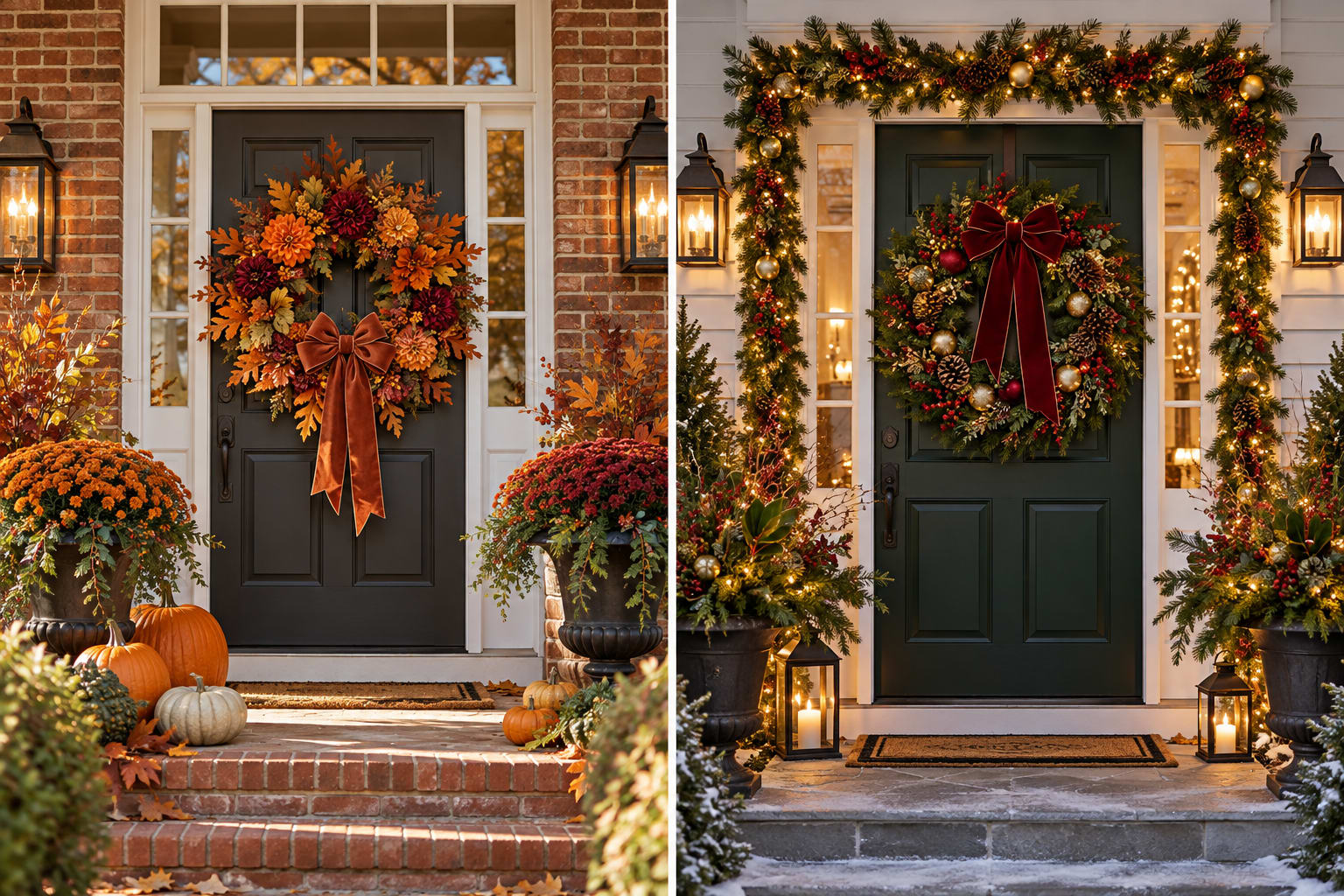 Thanksgiving floral wreath and Christmas evergreen wreath installed on exterior house doors with coordinated porch decorations.