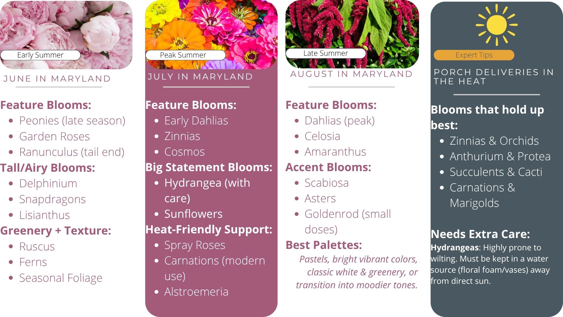 Best Seasonal Flowers in Maryland (June–August): What’s Freshest for Bouquets + Delivery
