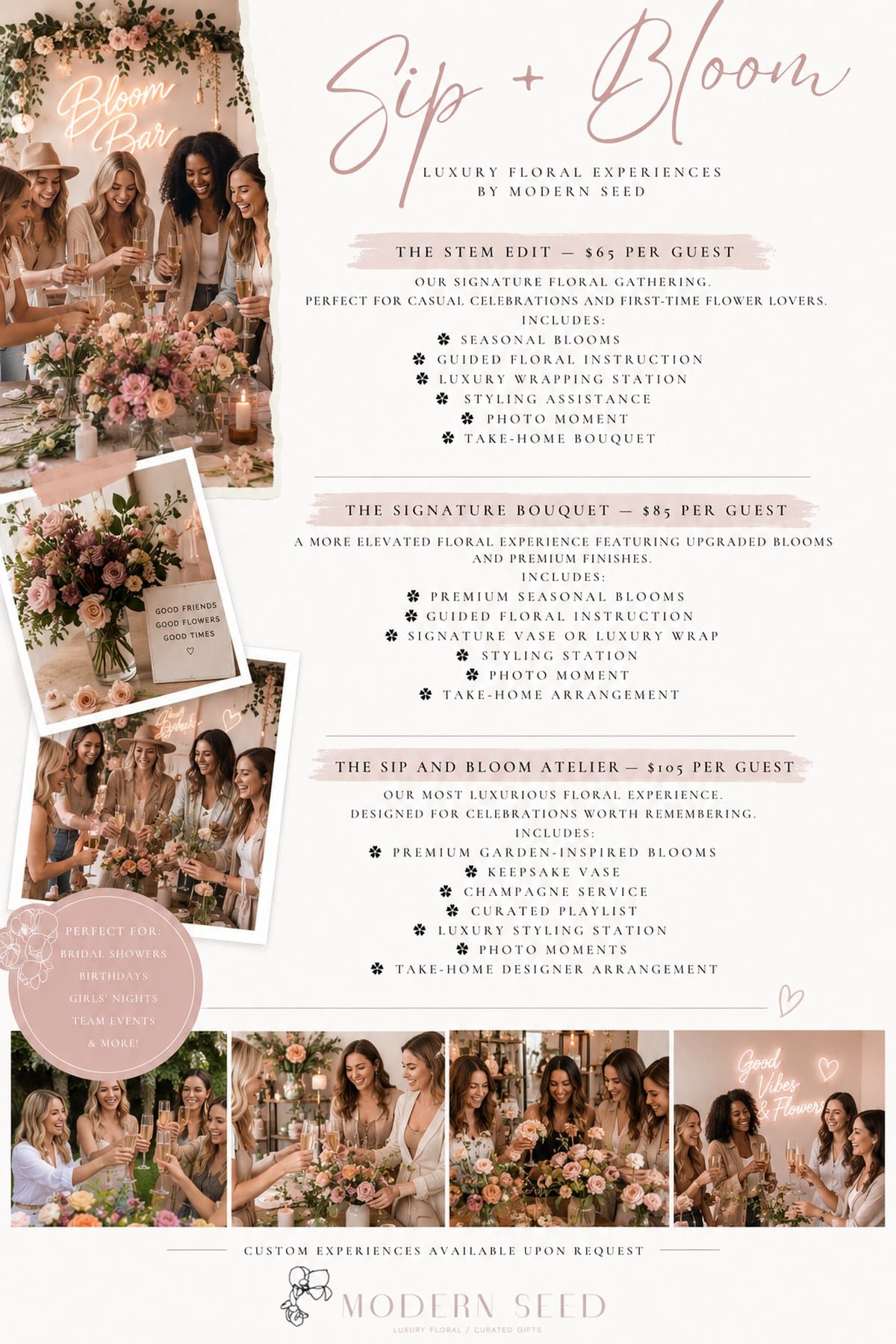 Sip and Bloom, Stem Edit $65 per guest, signature bouquet $85 per guest, sip and bloom atelier $105 per guest