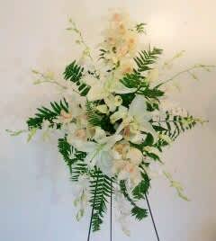 All white orchid funeral arrangement