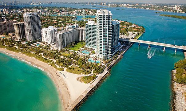 An aerial view of Bal Harbour and surrounding hotels and resorts in Miami Florida.