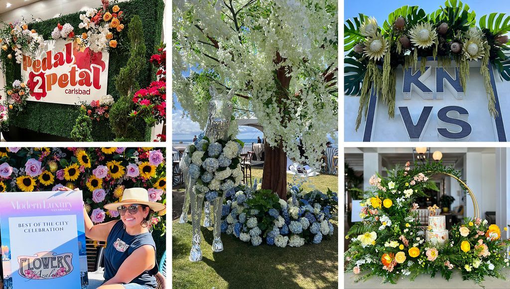 Collage of various event floral displays, including foliage walls and speciality outdoor work