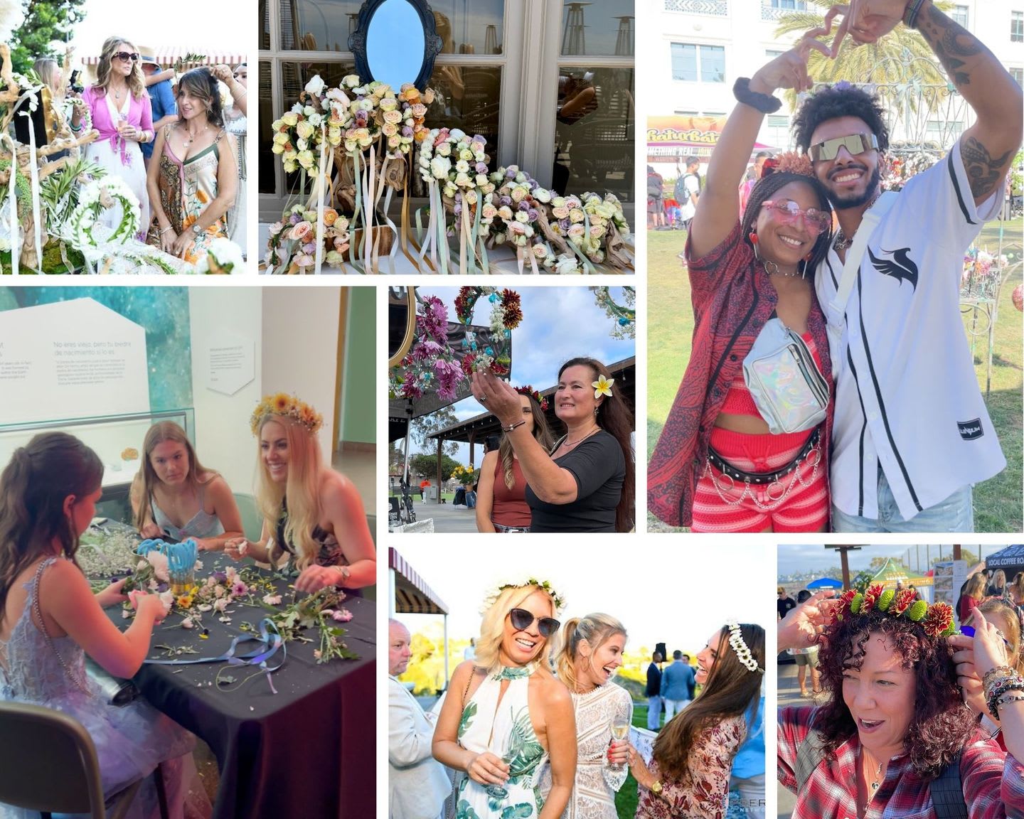 Collage of guests smiling wearing and making flower crowns