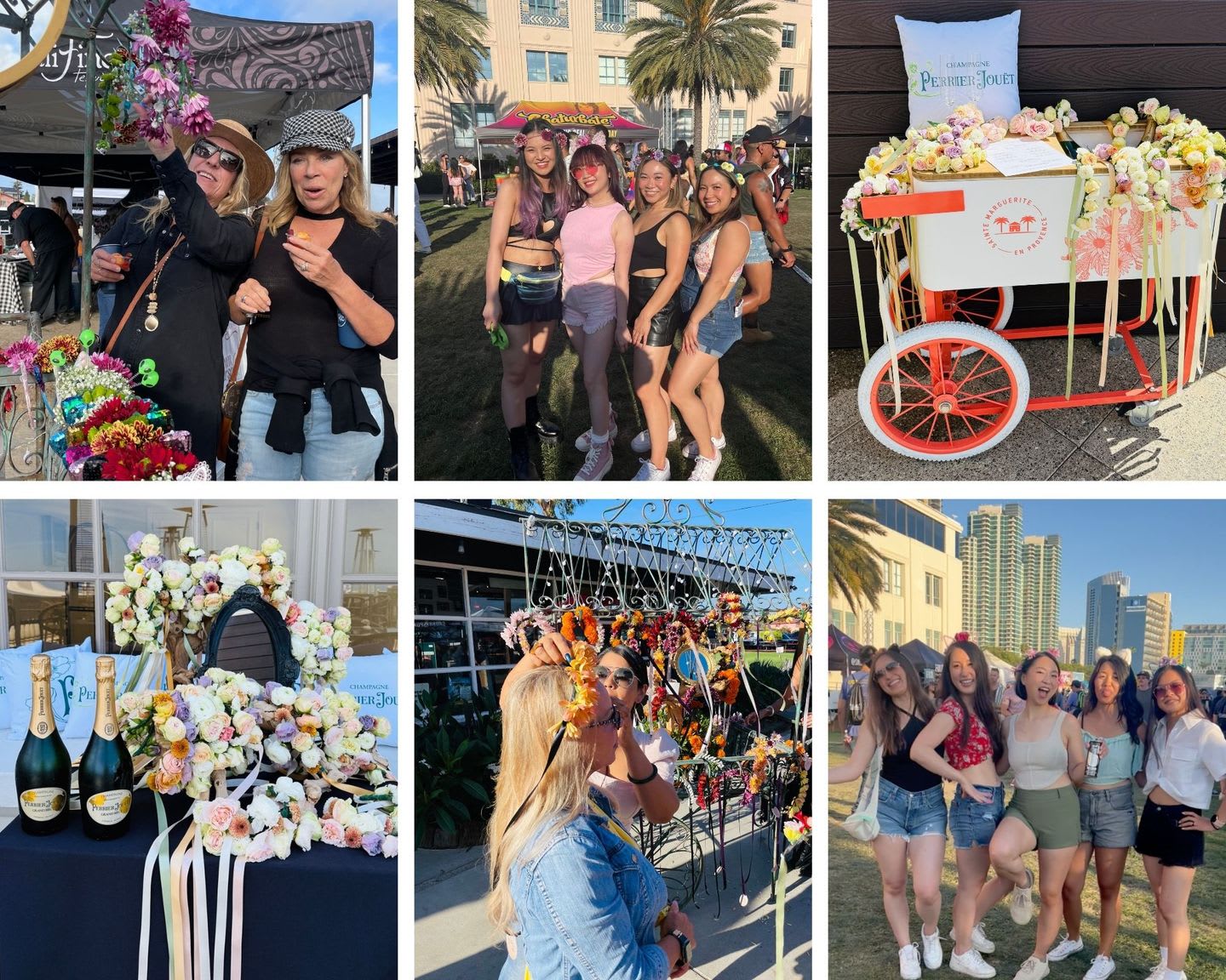 Collage of guests smiling wearing flower crowns and flower crown stations on a cart