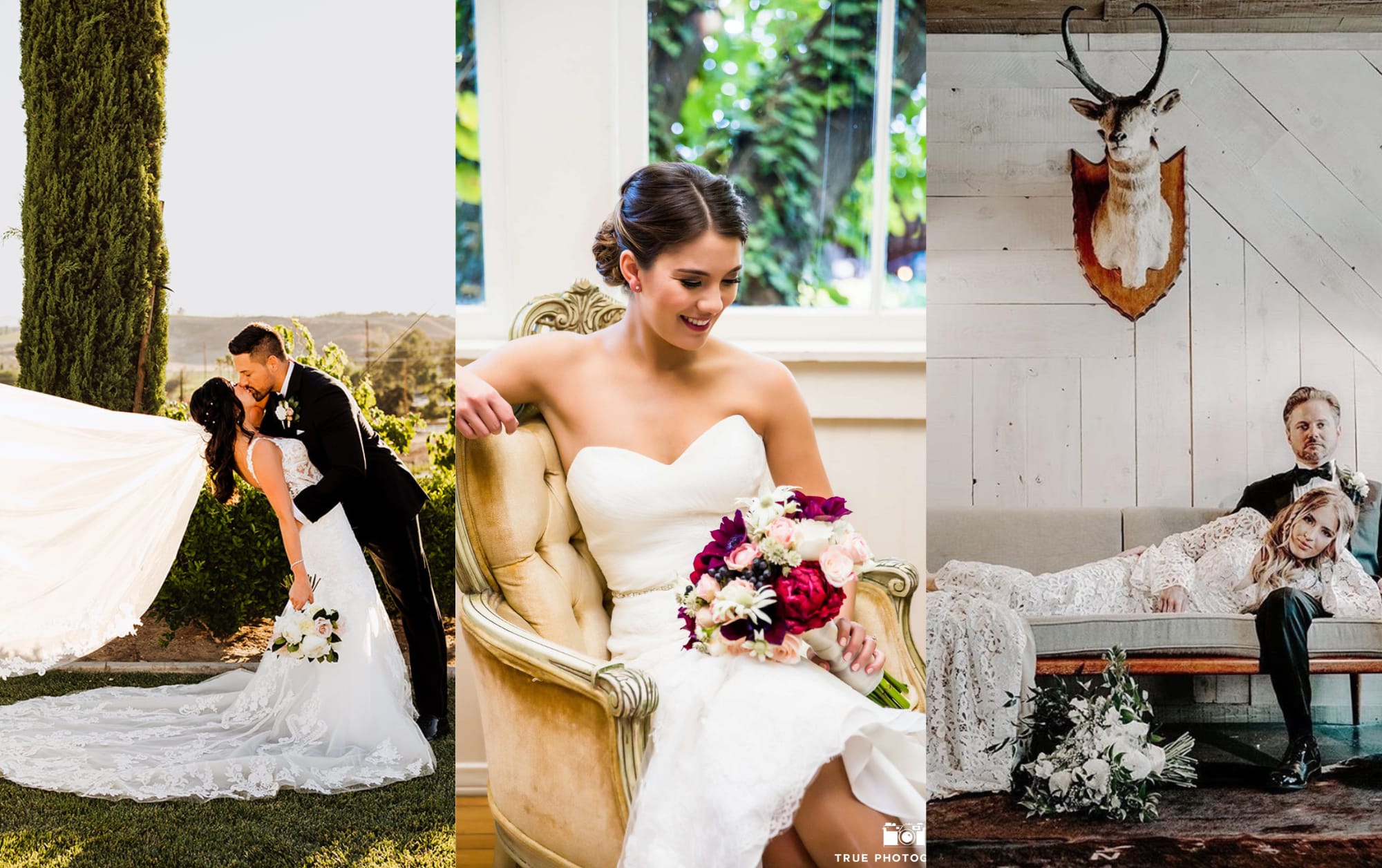 Collage of three wedding photos and the bridal bouquets