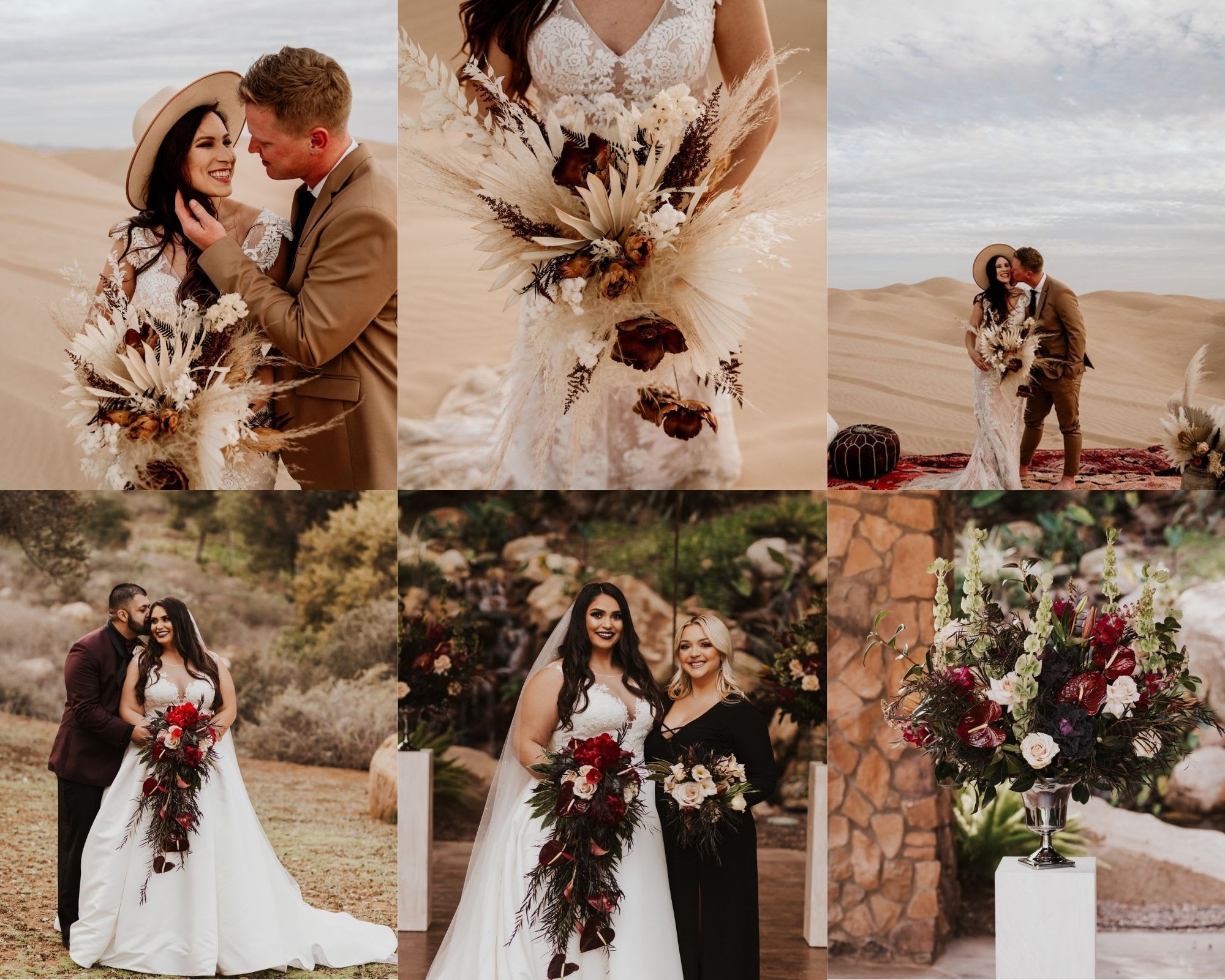 Collage of warm toned bridal bouquet and floral pieces