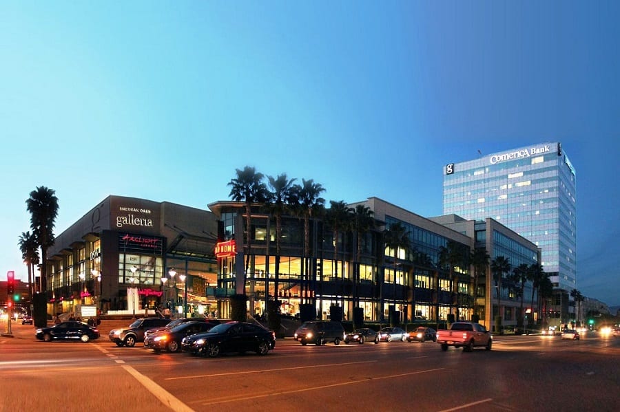 A view of the front of the Sherman Oaks Galleria, a popular shopping center in Sherman Oaks, CA.