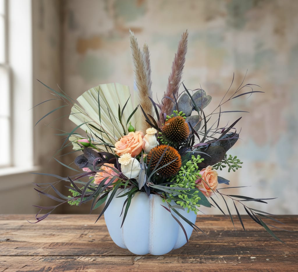 White ceramic pumpkin container with a boho-style fall arrangement of fresh flowers and pampas grass in soft, natural tones.