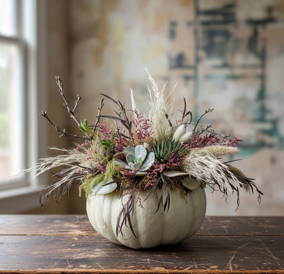 Pumpkin succulent arrangement with seasonal succulents and natural textures, available for fall flower delivery in Olympia, WA.