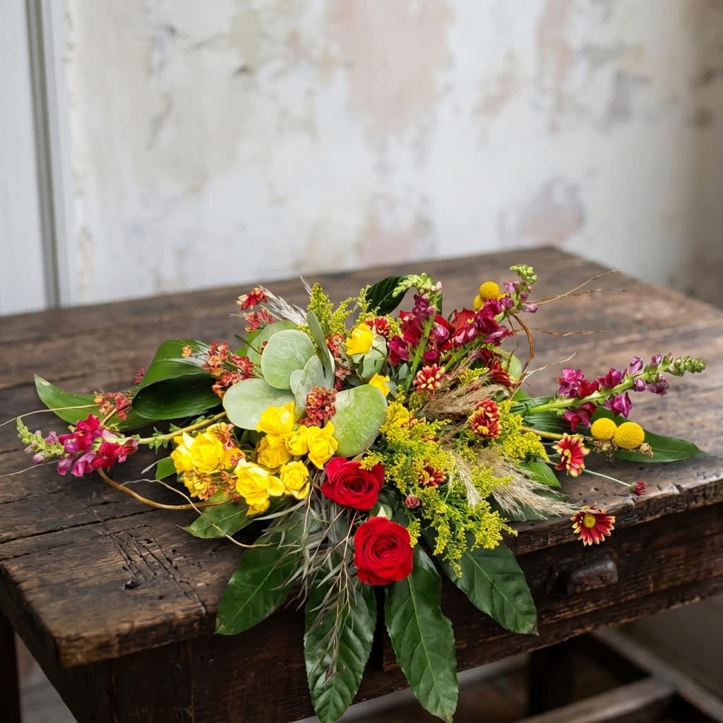 Thanksgiving centerpiece with red roses, yellow solidago, yellow spray roses and burgundy snapdragons, delivered in Lacey, WA