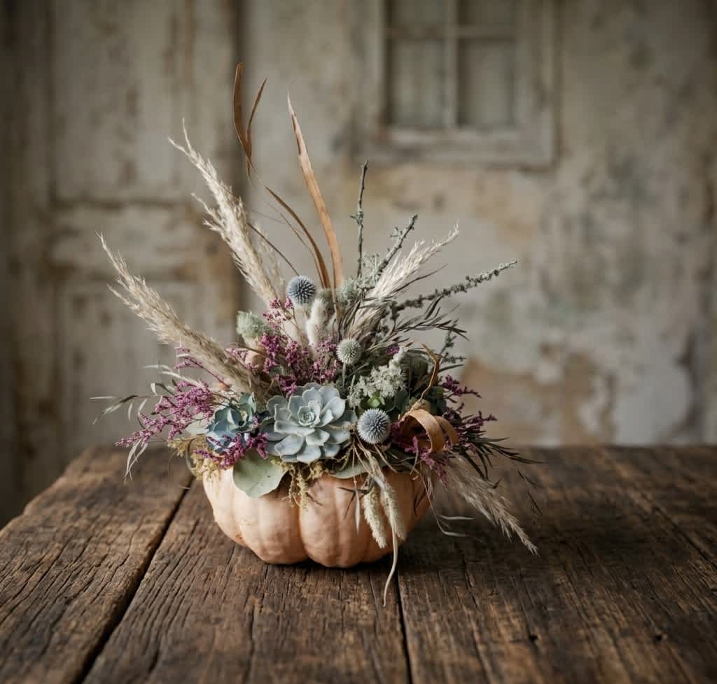 Pumpkin succulent arrangement with succulents and dried seasonal accents, available for fall flower delivery in Tumwater, WA.