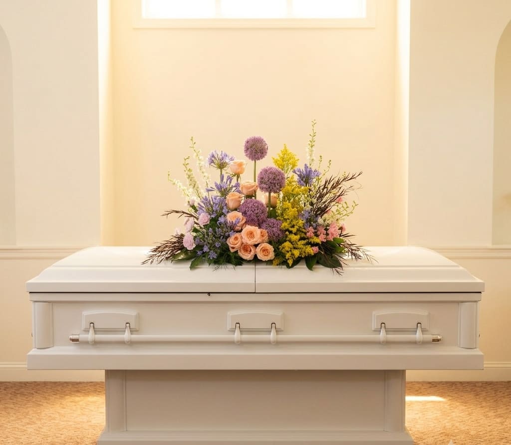 Funeral Flowers for a Casket.  With Pink and Purple spring flowers in Olympia, WA. 