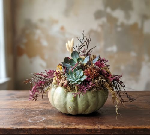 Pale green pumpkin decorated with succulents, bunny tails, and assorted dried flowers for a natural Pacific Northwest-inspired fall design.