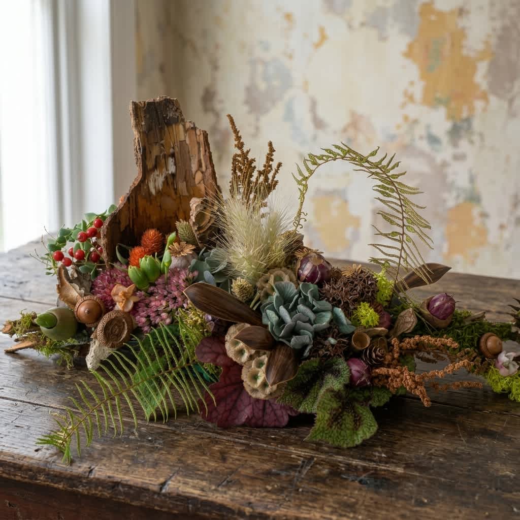 Woodland Thanksgiving centerpiece made with dried flowers, acorns, pinecones, bark and other Pacific Northwest natural elements, delivered in Olympia, WA