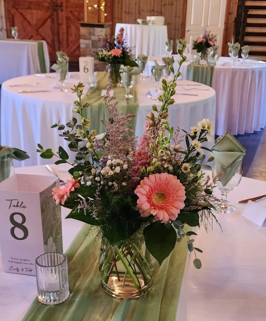 Wedding flowers in Olympia, WA.  Pink Roses, and larkspur.