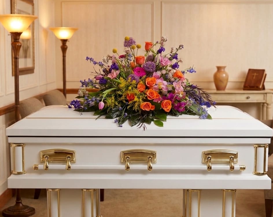 Funeral Flowers for a church, with bright colors of roses, gerbera daisy, solidago, and tulips