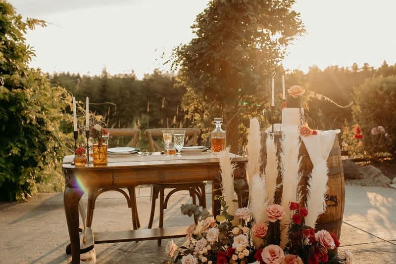 Wedding flowers designed at Hillside Farms in Olympia, WA featuring roses, dahlias, and seasonal Pacific Northwest blooms