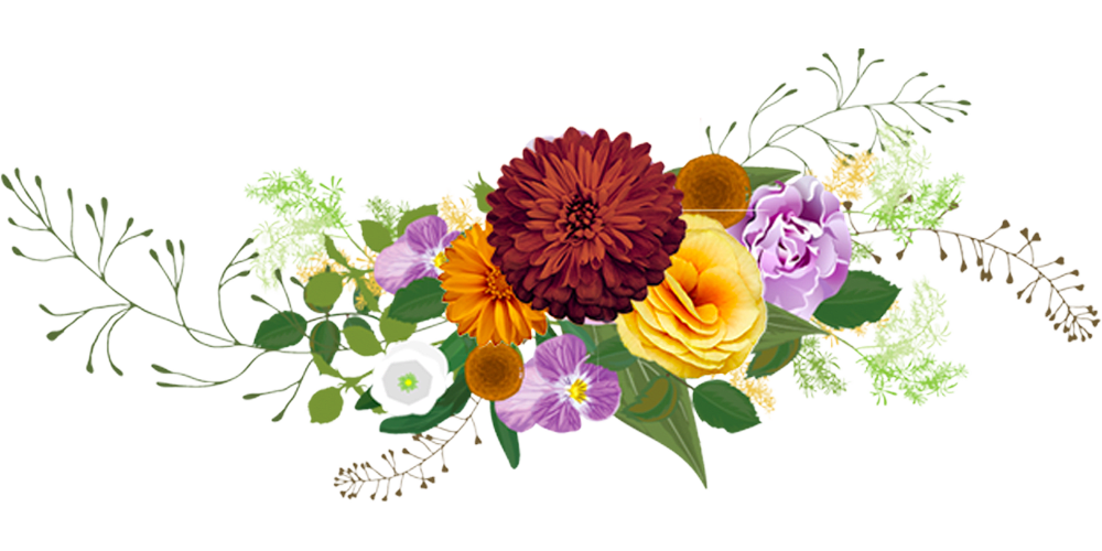 Illustration of floral arrangment with purple orfhids and yellow flowers