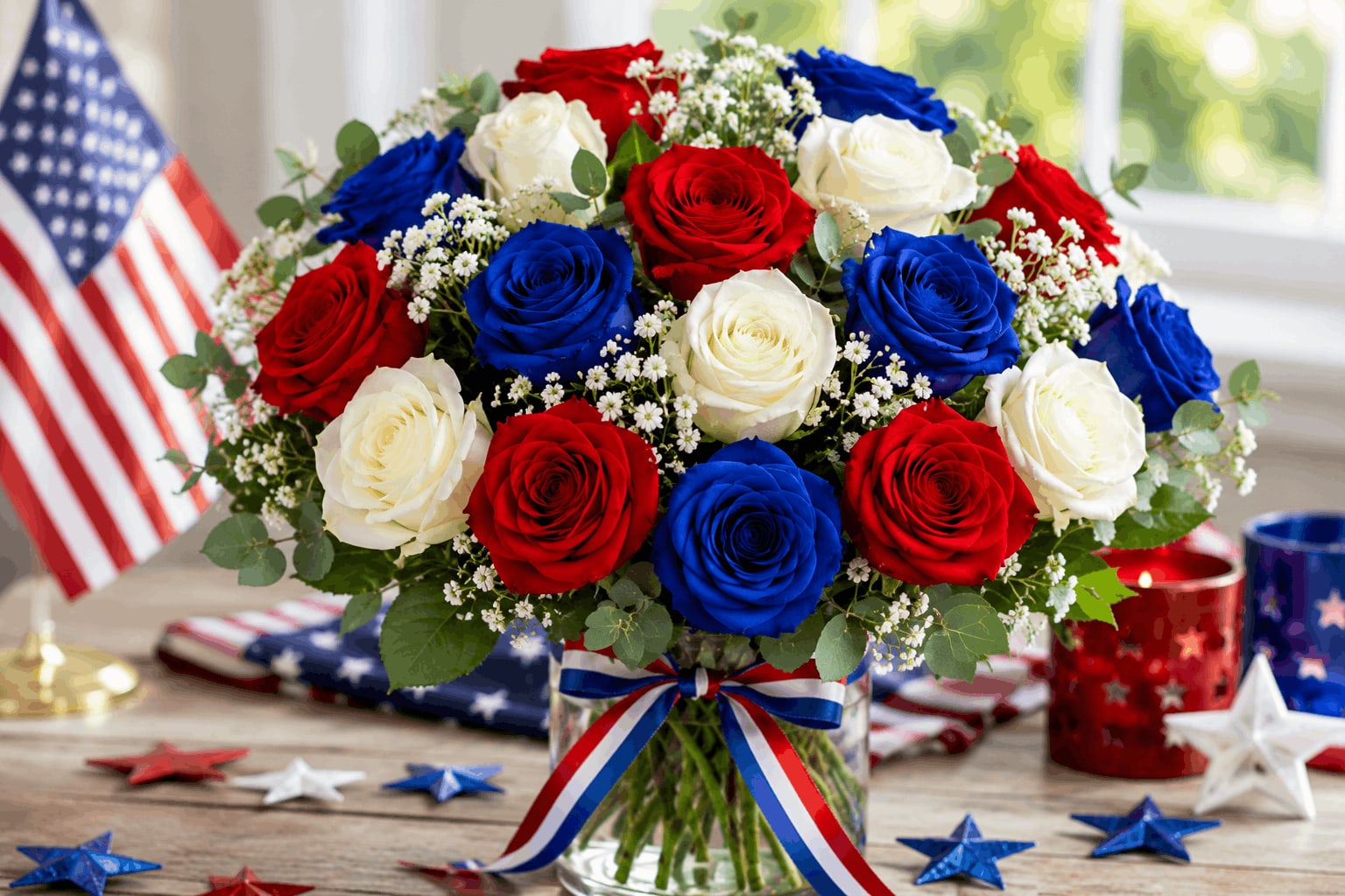 1. Classic Red, White, and Blue Rose Bouquet