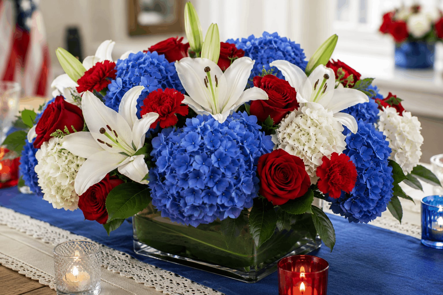 2. Patriotic Hydrangea and Lily Centerpiece