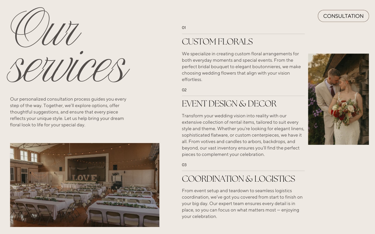 Our services, custom florals, event design and decor, coordianation and logistics