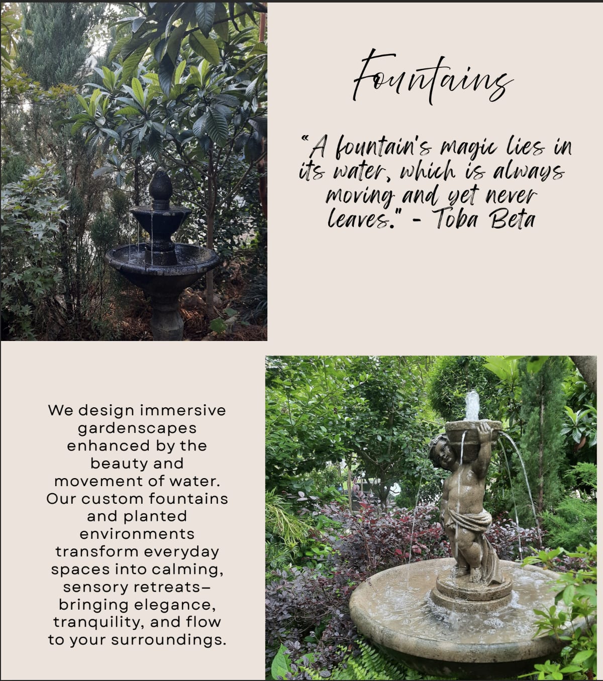 Fountains, quote a fountain's magic lies in its water, which is always moving and yet never leaves by Toba Beta