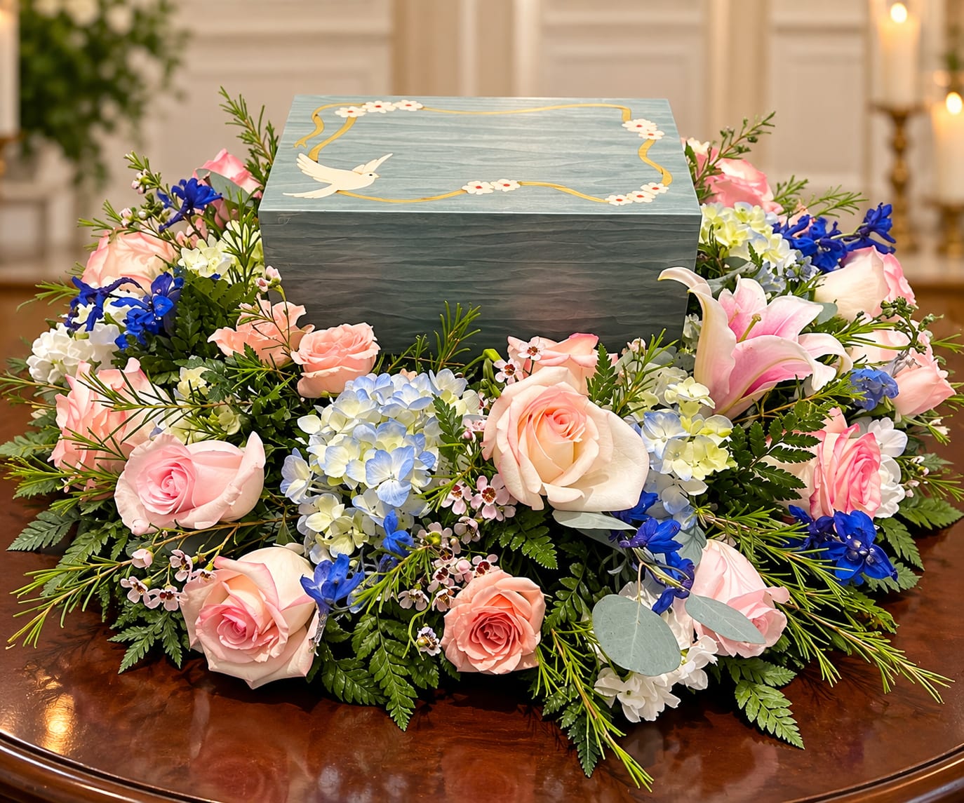 Legacy Florals & Gifts custom floral tribute surrounding a memorial urn