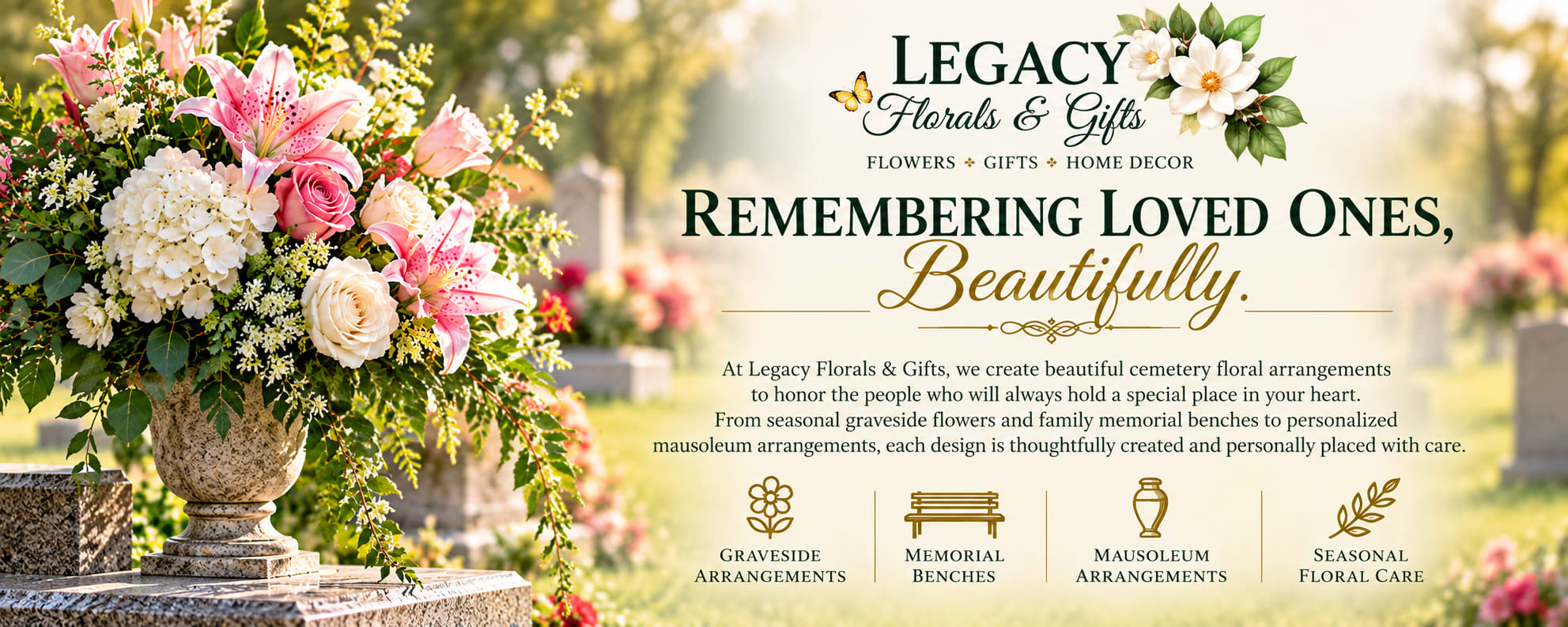 Legacy Florals & Gifts memorial floral care featuring elegant cemetery flowers, graveside arrangements, memorial benches and mausoleum flowers.