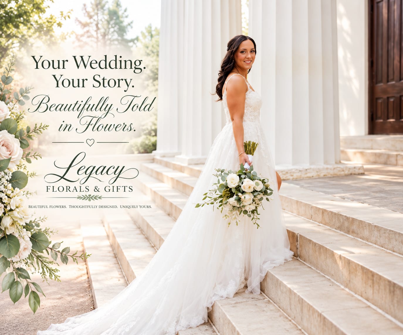 Legacy Florals & Gifts bride Sydney holding an elegant white bridal bouquet outside her wedding venue, showcasing custom wedding floral design.