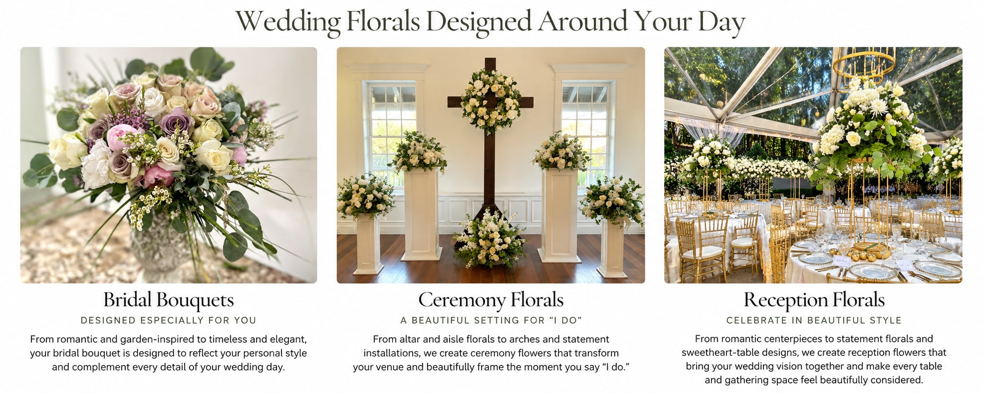 Custom bridal bouquets, elegant ceremony flowers and luxury wedding reception florals by Legacy Florals & Gifts.