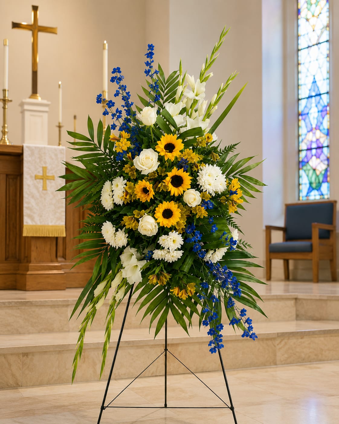 Standing funeral spray on an easel set up in the chapel before a service.