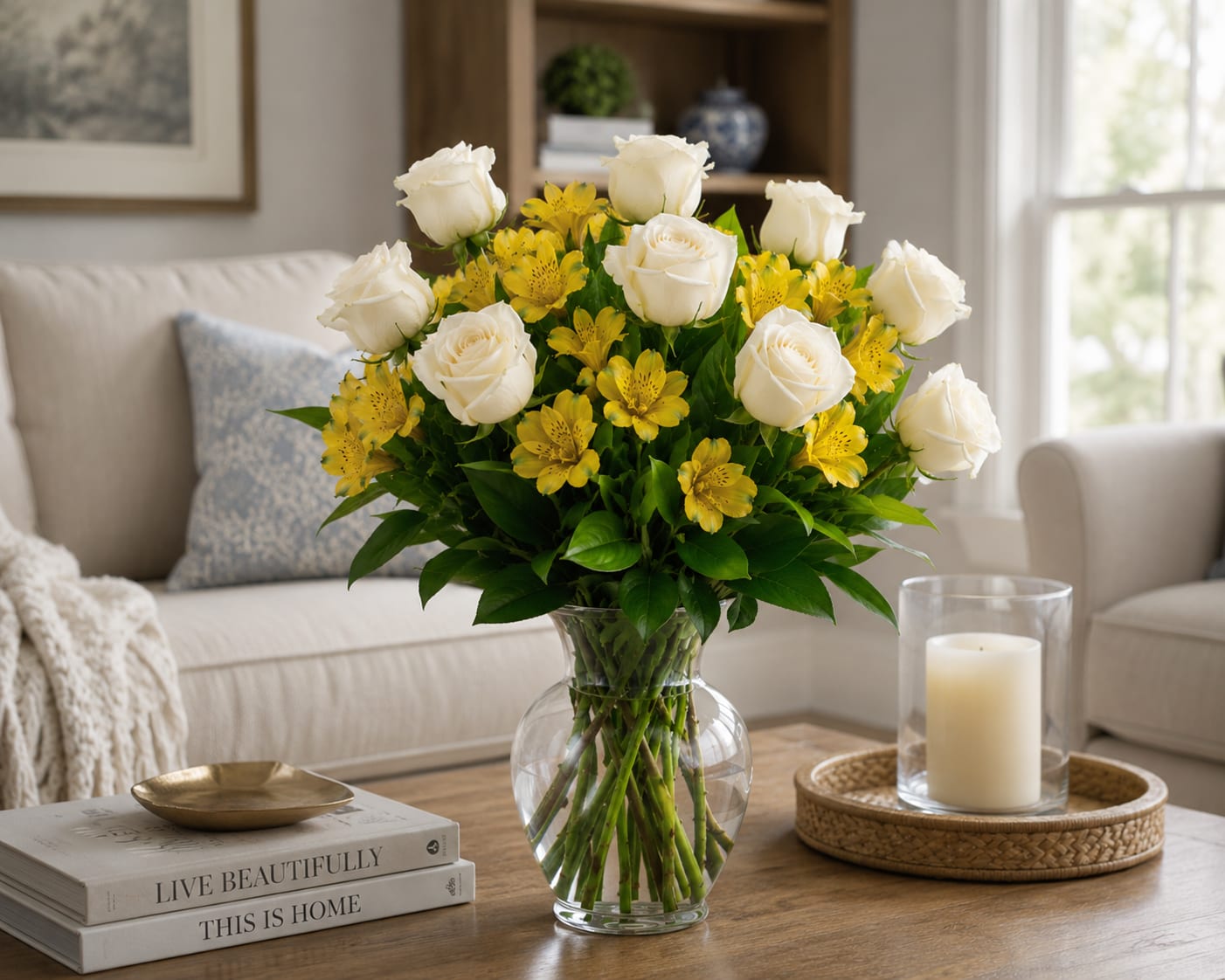Yellow and white rose sympathy arrangement delivered by Spring Flower Market to Collins & Johnson Funeral Home on Avenue E in Conroe.