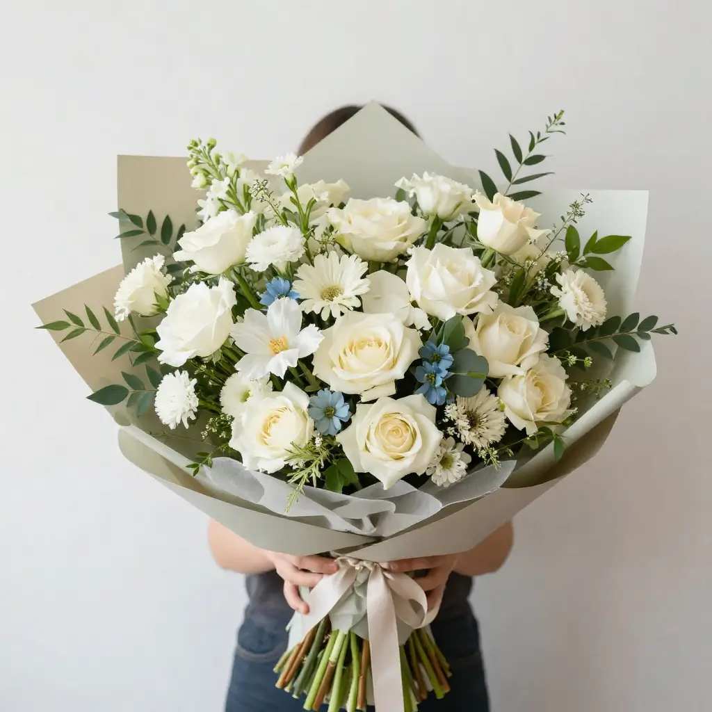 Holiday flower orders for existing customers shown in an elegant white bouquet arrangement wrapped for a refined gift.