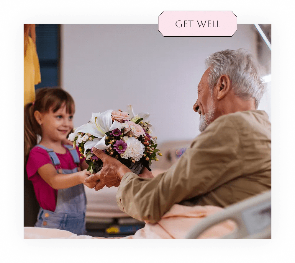 Person receiving get well flowers and gift