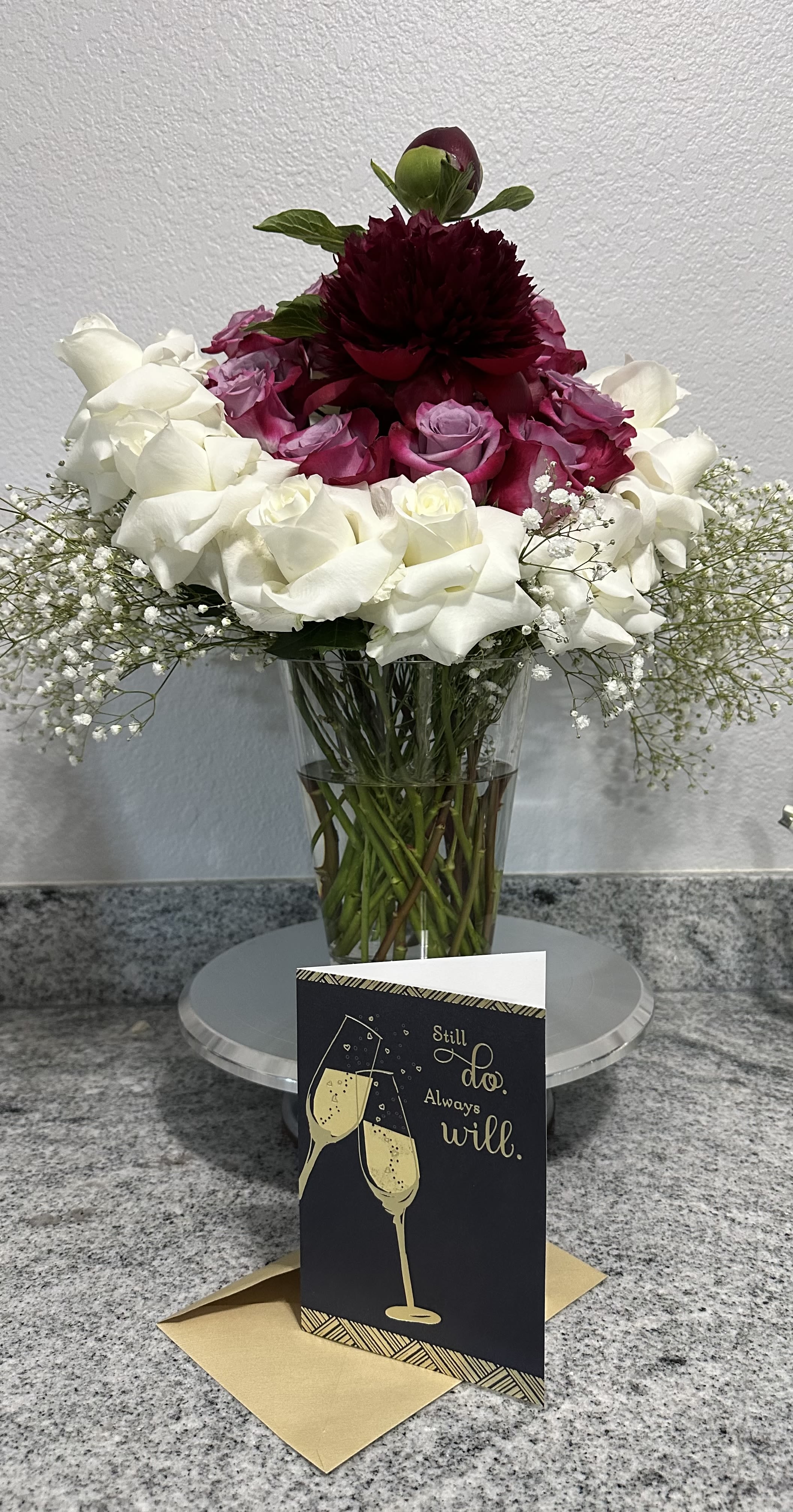Mike's Anniversary White & Purple Roses.