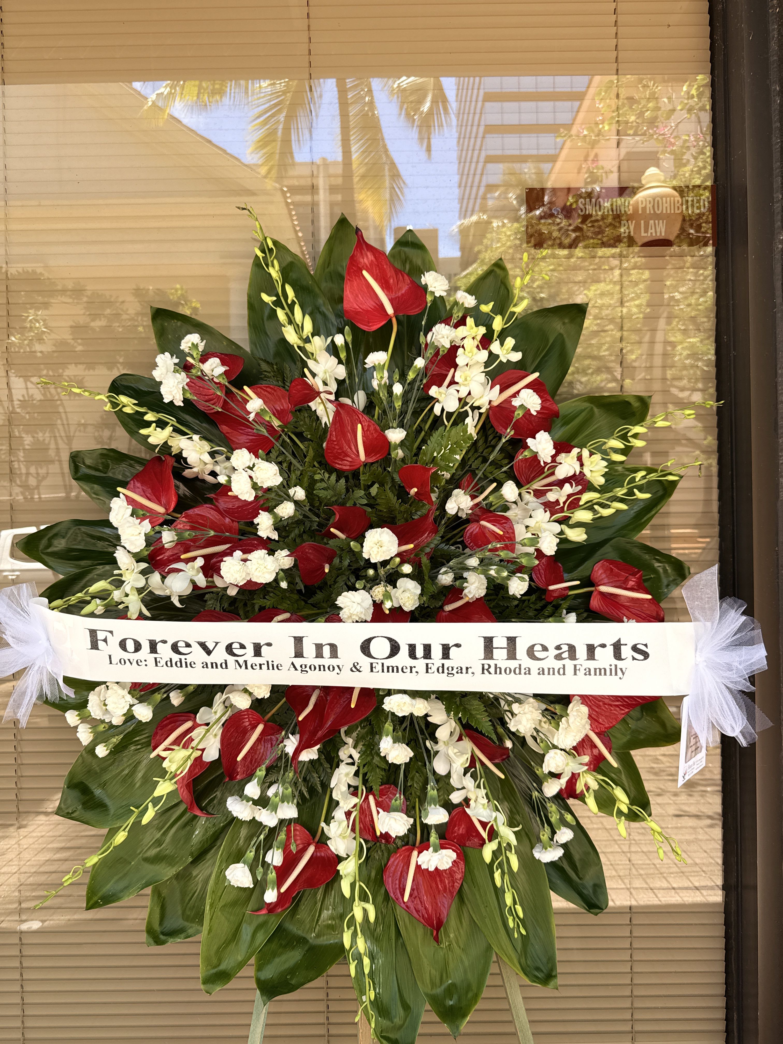 Red Anthurium and White Orchid Spray Wreath - F175W02 