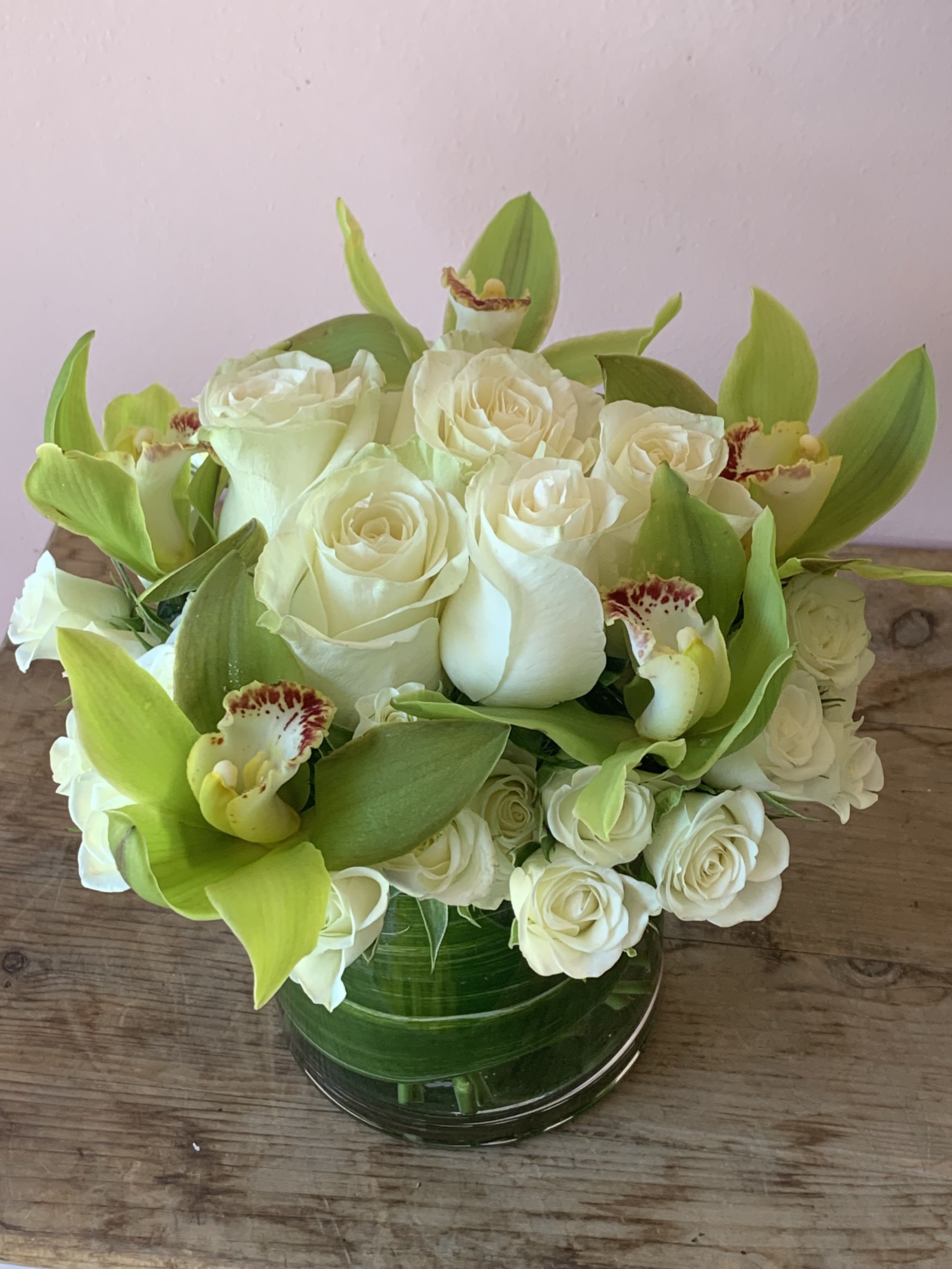 White Roses & Green Cymbidium Orchids - W636