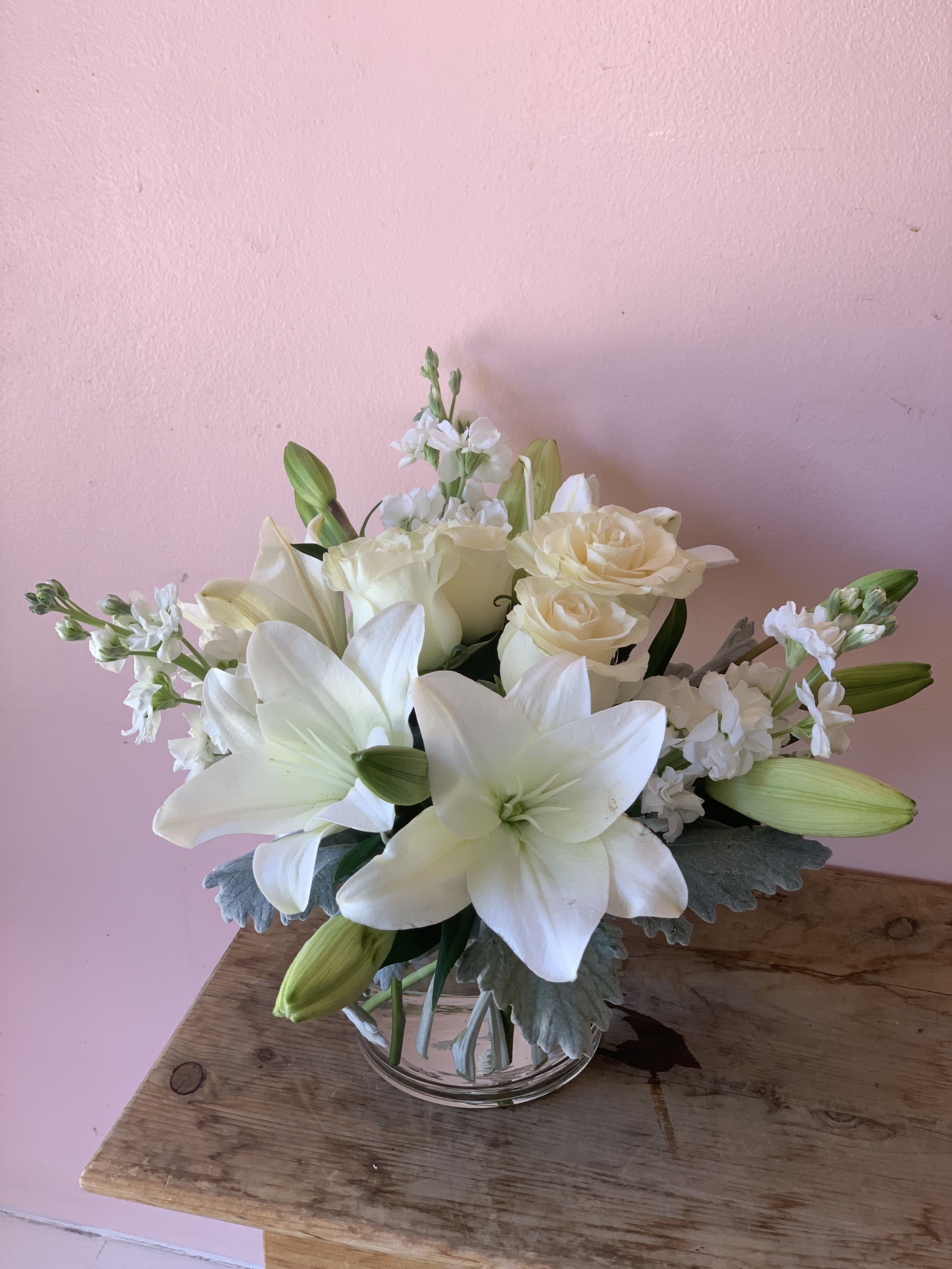 All white lilies, roses, stocks - w580