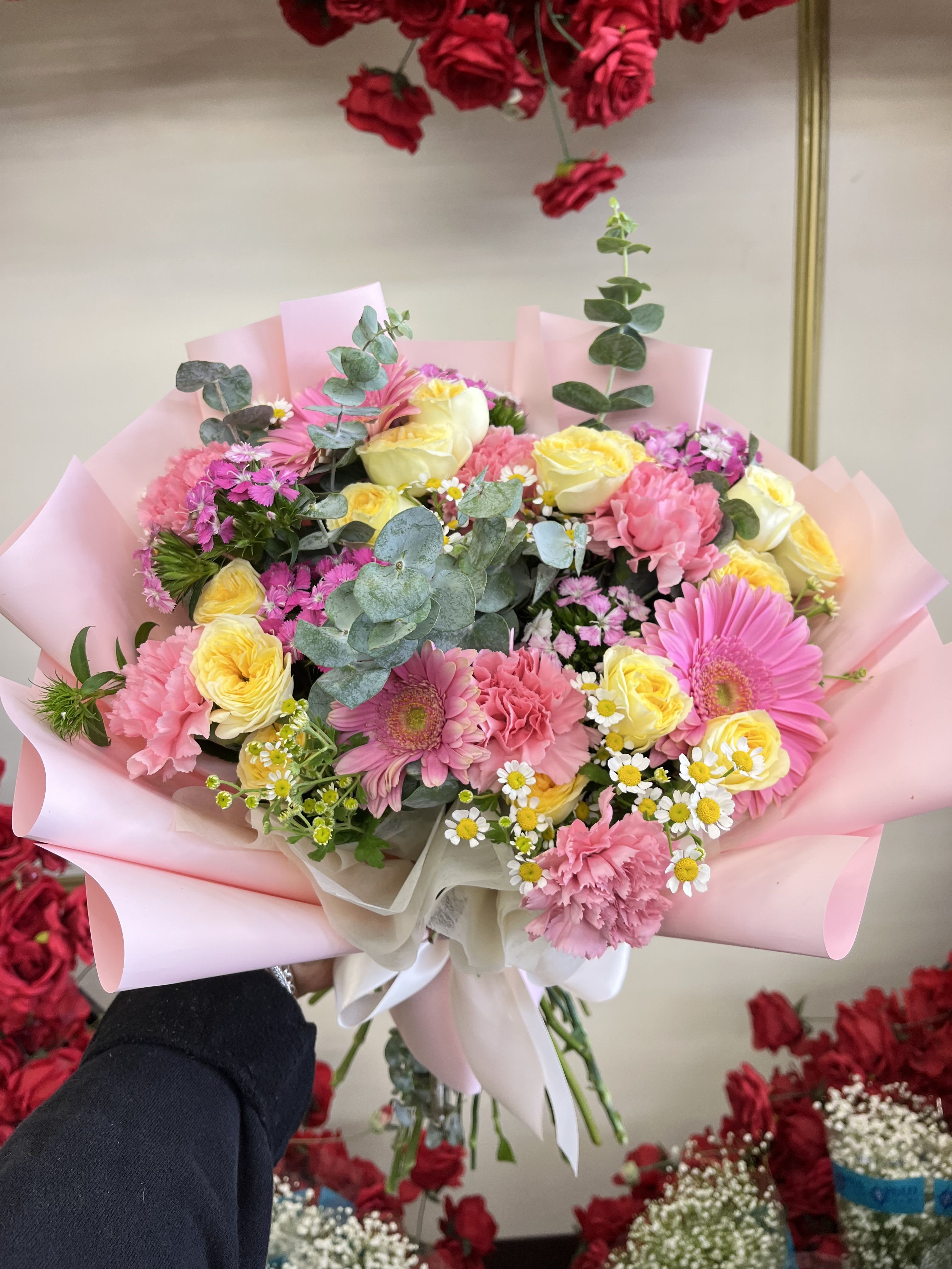 Florist Choice-Spring Pinks & Yellow Wrapped Bqt