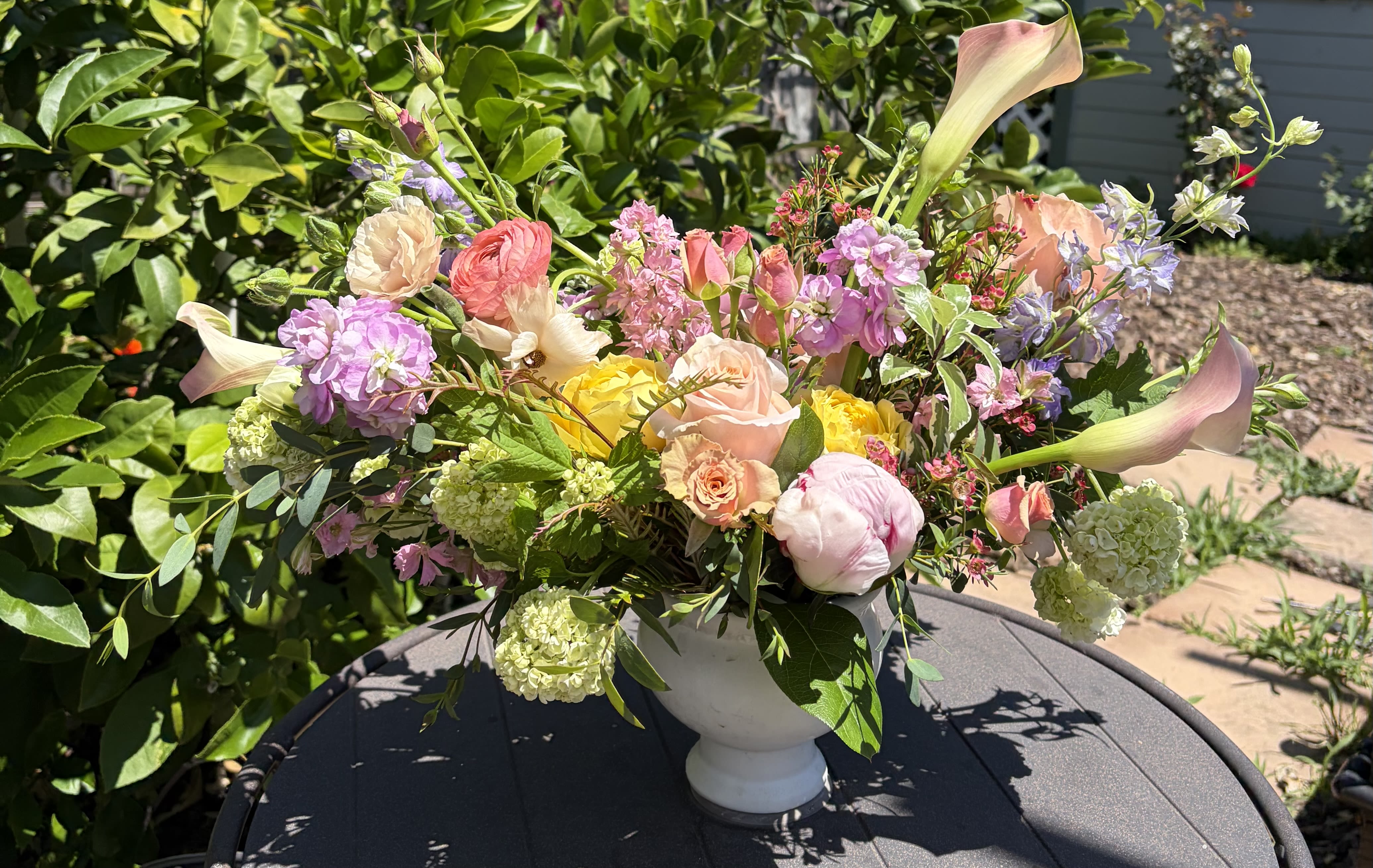 Mom’s Garden in ceramic compote vase