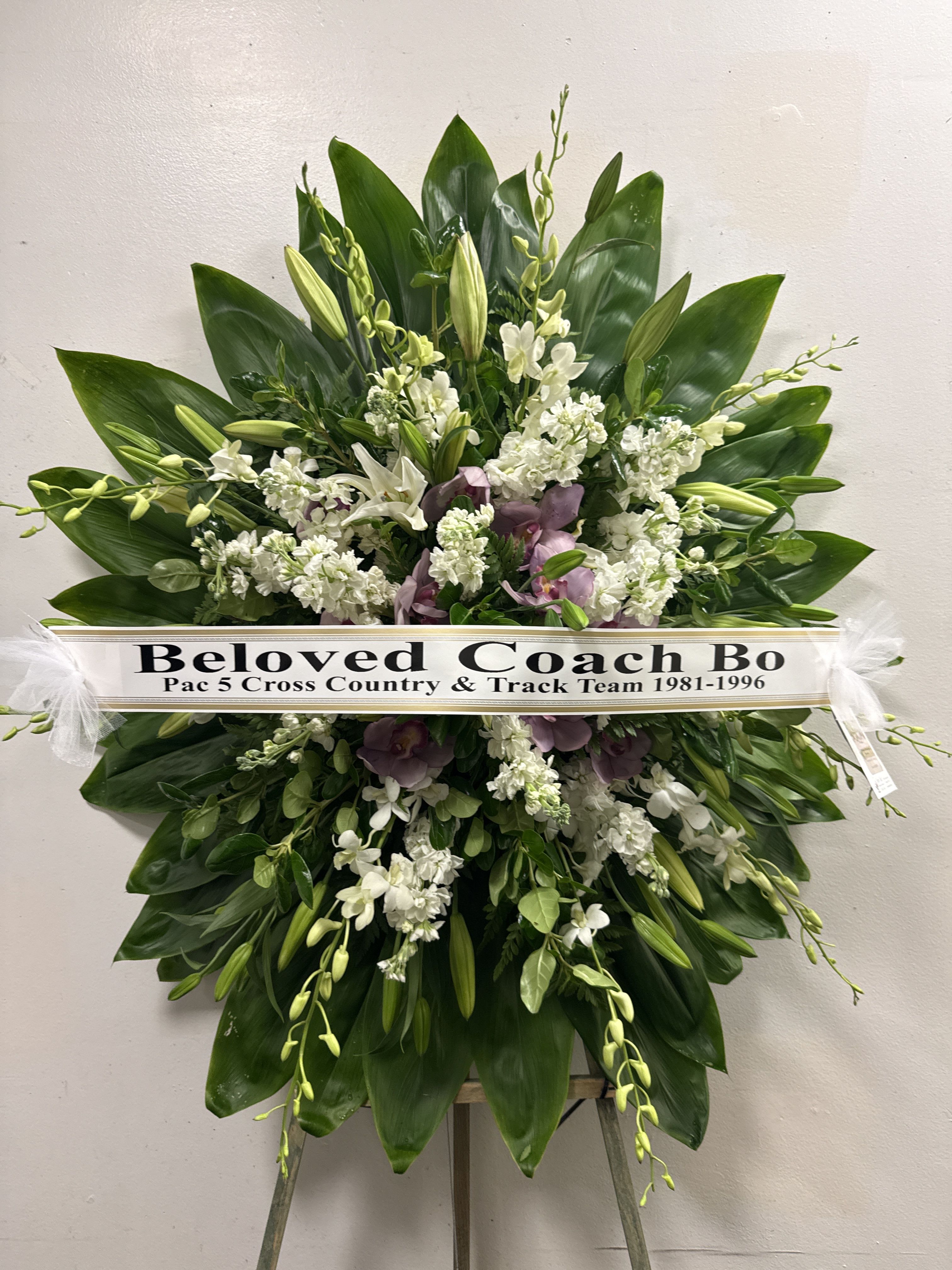 White Lilies with Cymbidium and Orchid Spray Wreath - F175W07