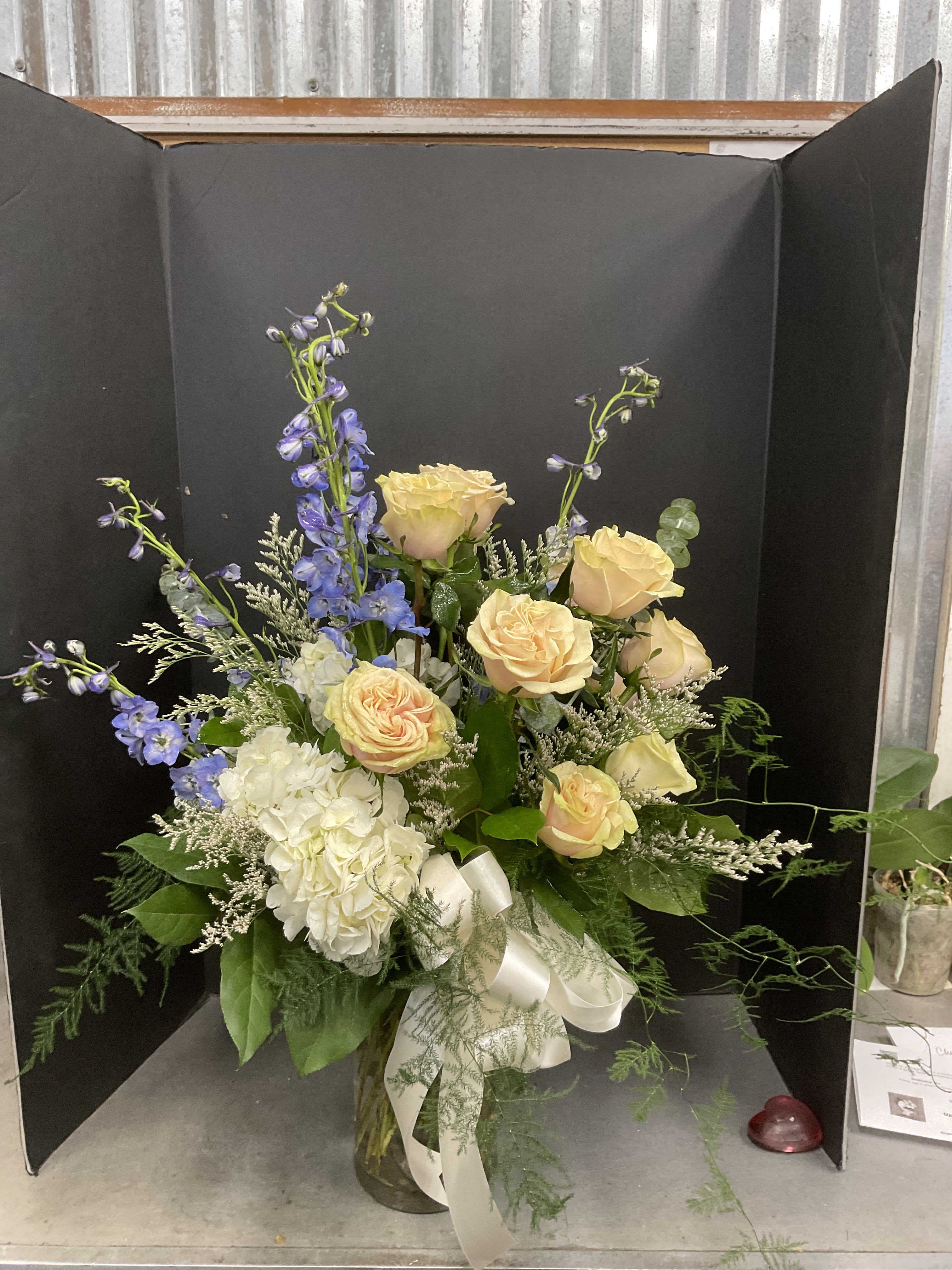 Pink Roses and White Hydrangea