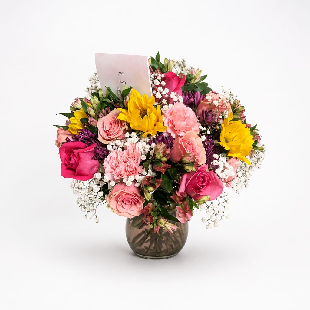 Sunrise Blush Delight – Sunflowers & Pink Roses