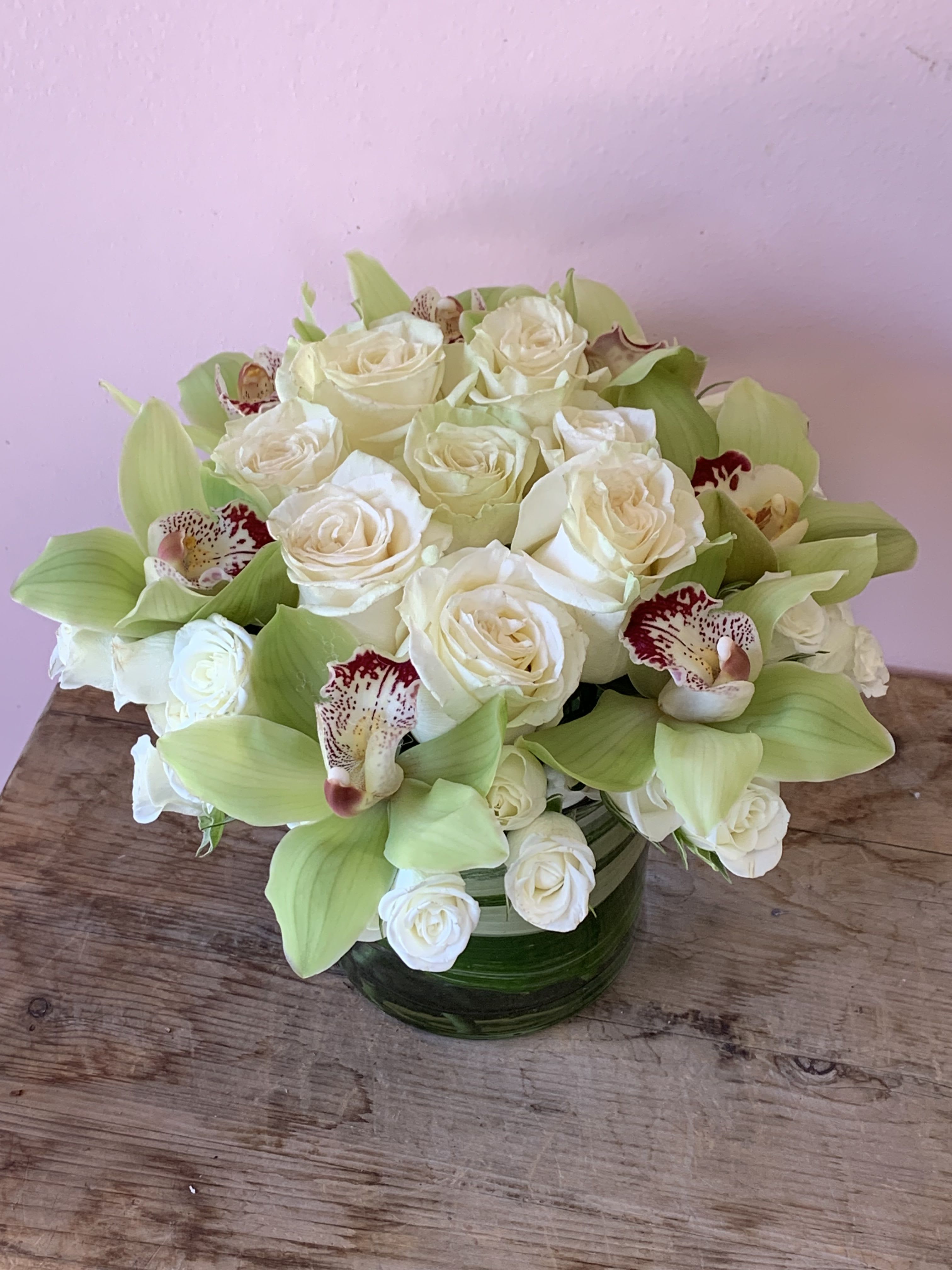 White Roses & Green Cymbidium Orchids - W636 