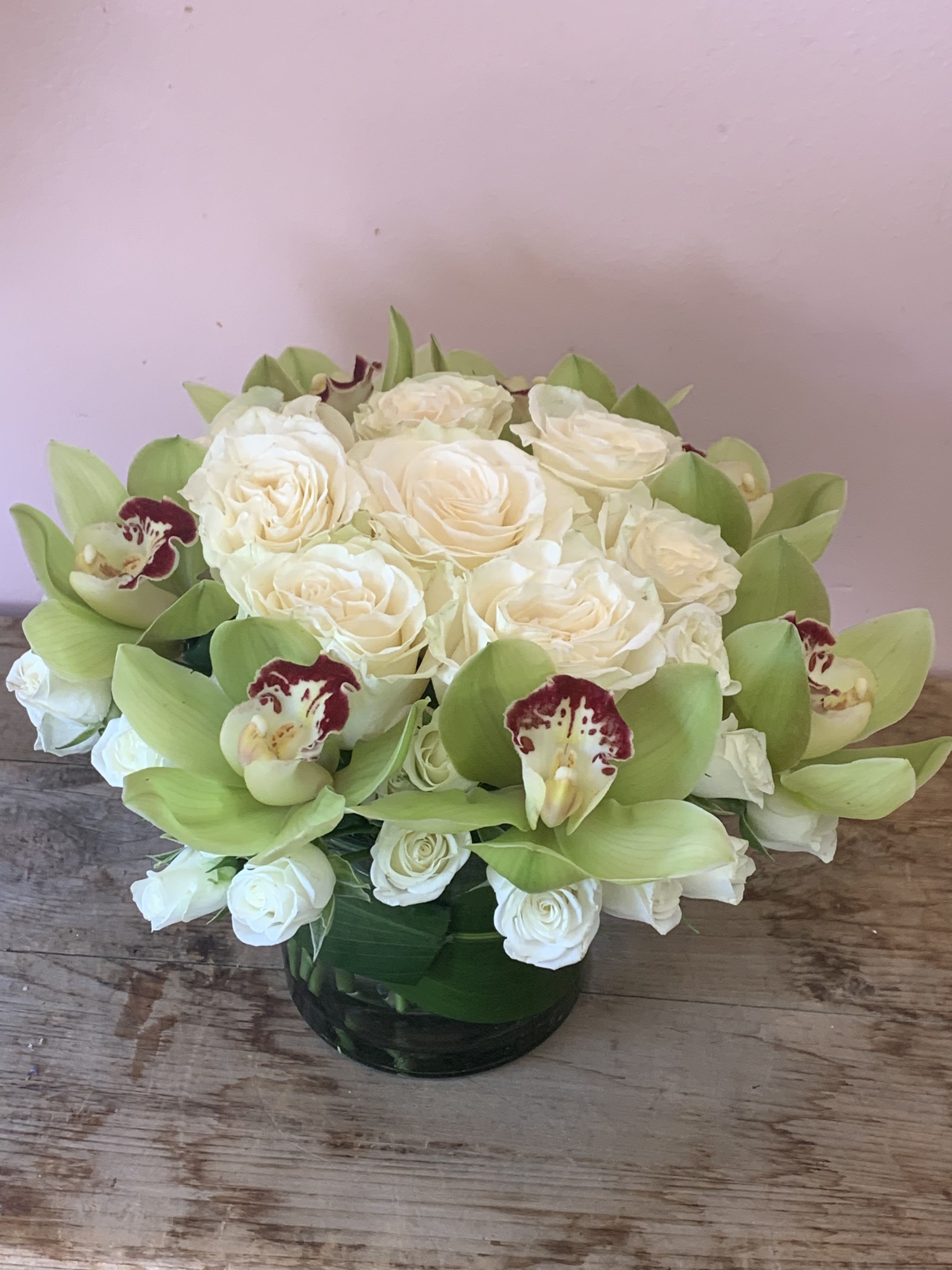 White Roses & Green Cymbidium Orchids - W636