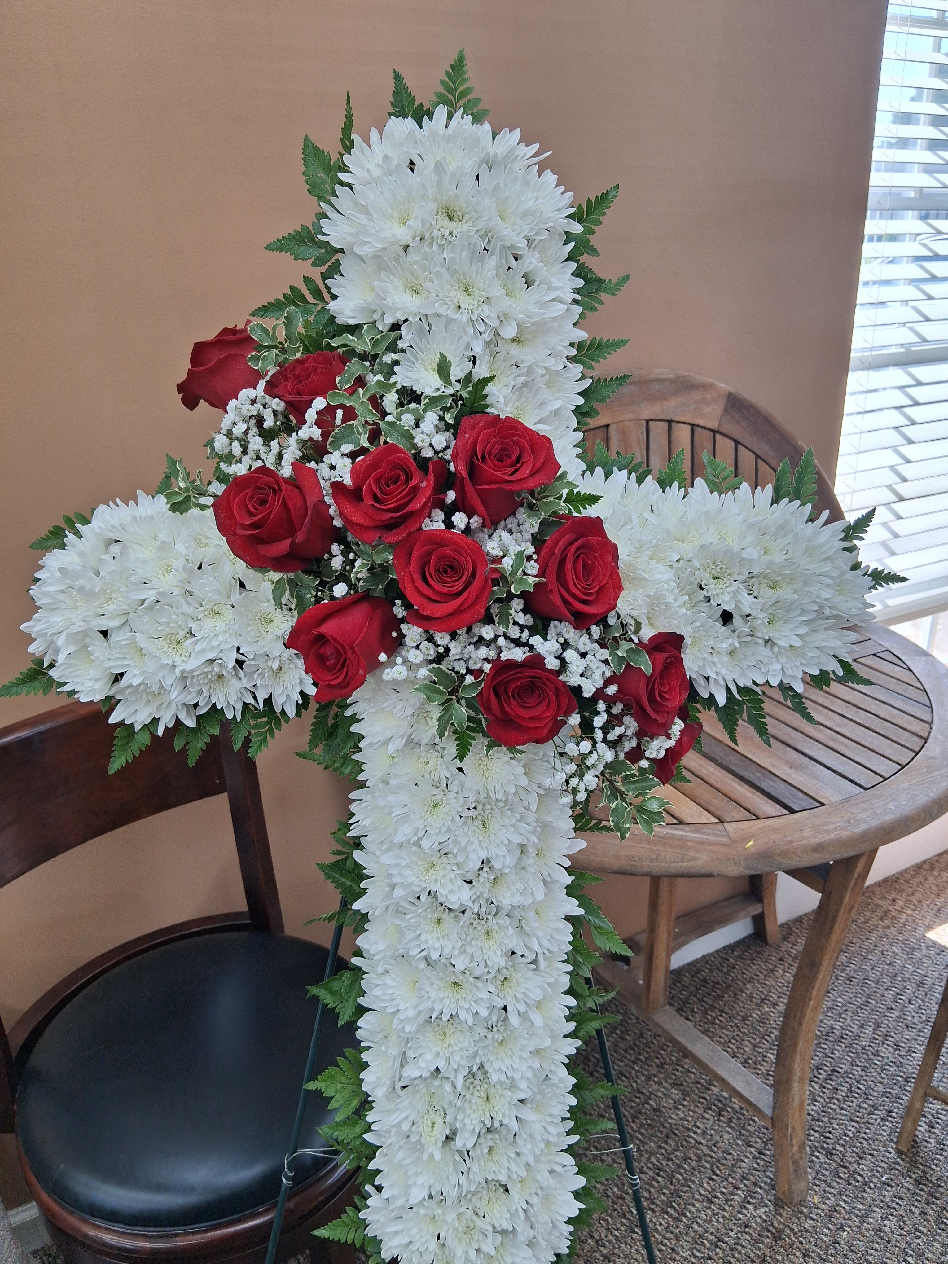SAE06 Red Rose Cross With Poms- Huntsville sympathy delivery